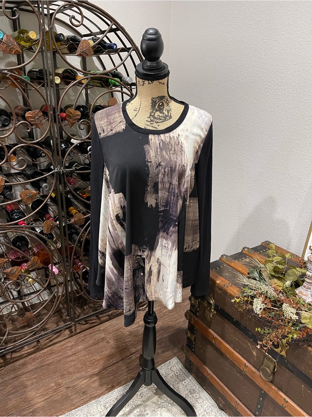 Simply Vera Vera Wang Abstract Brushstroke Long-Sleeve Top - Black & Cream